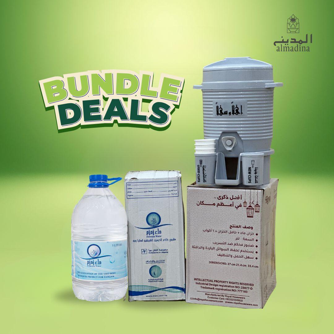 Zamzam water, Ajwa dates, and dispenser bundle – ideal for Ramadan, Islamic gifting, and family use. Includes cooler and imported dates.